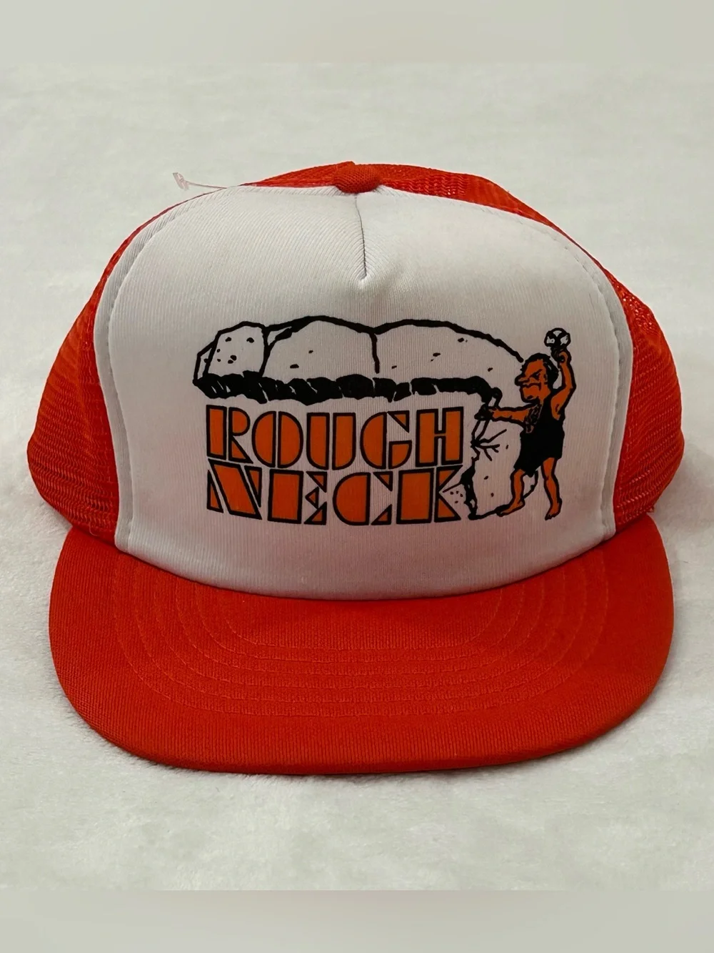 Vintage Capital 80s Rough Neck Cave Man Orange MeshBack SnapBack Trucker Hat Cap